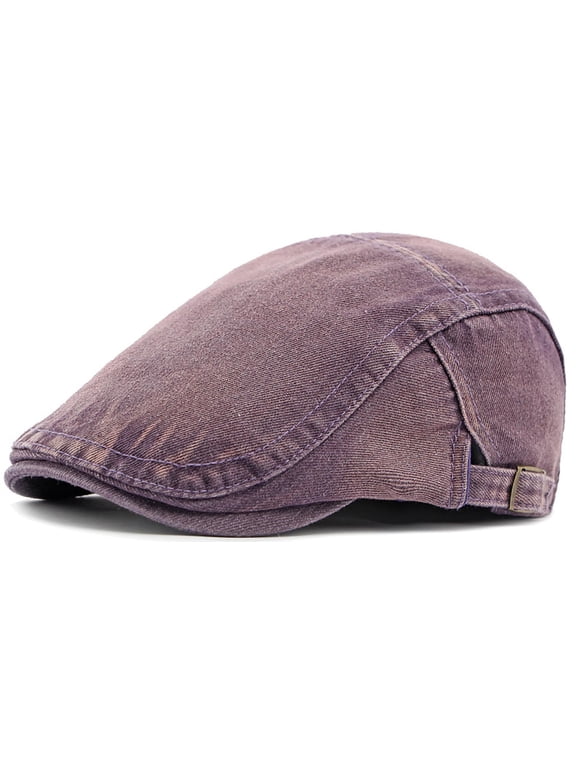 Denim Vintage Cap Newsboy Flat Ivy Pre-shaped Hard Brim, Adjustable Dual Side Metal Buckles, Breathable Washed Cotton Cabbie Hat