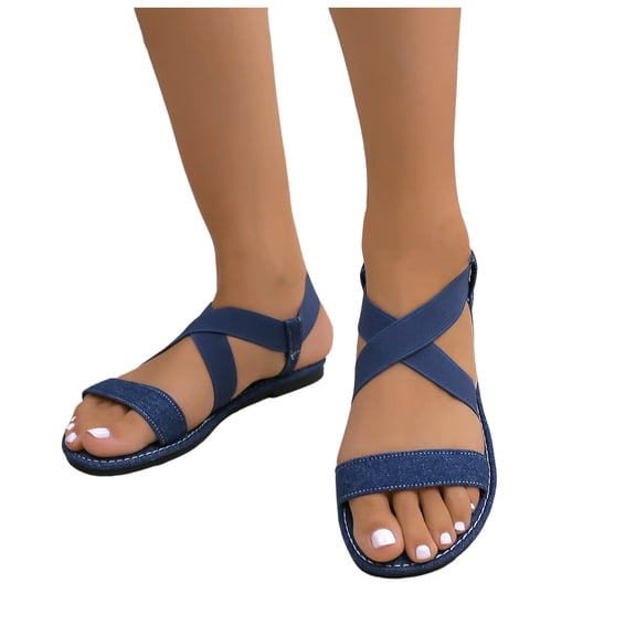 Denim Walking Sandals for Women 2025 Fashion Casual Elastic Cross Band Slingback Flats Strappy Sandals