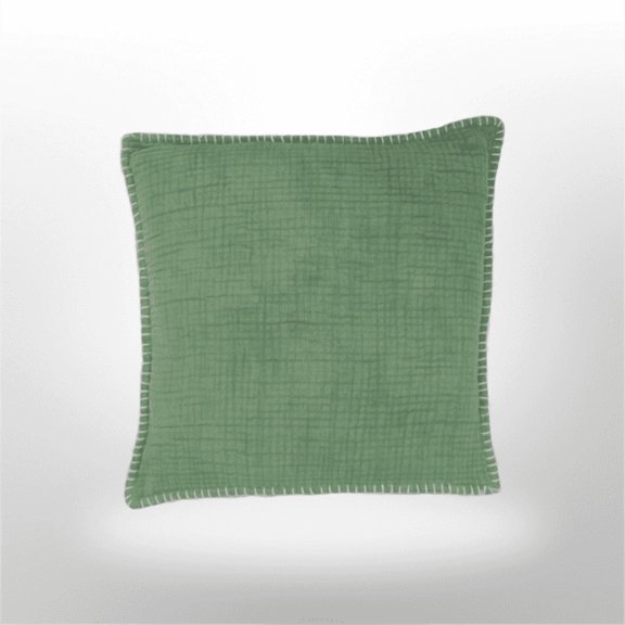 Denim Wash Muslin Pillow with Blanket stitch- Lush Green