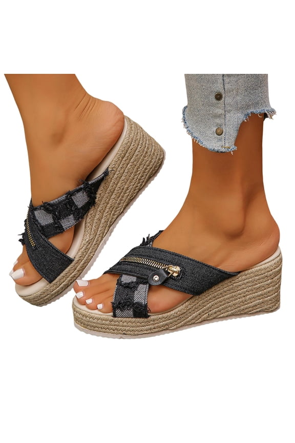 Denim Wedge Sandals for Women Platform Cross Strap Slides Heels Bohemian Non Slip Breathable Travel Walking Shoes Black Size 6.5