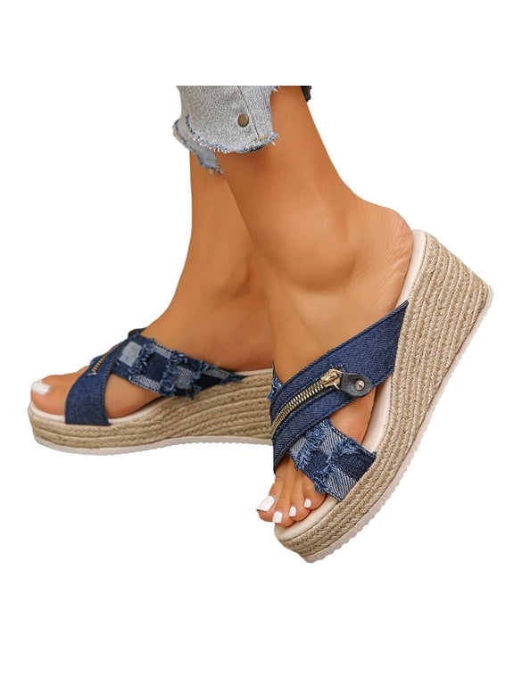Denim Wedge Sandals for Women Platform Cross Strap Slides Heels Bohemian Non Slip Breathable Travel Walking Shoes Blue Size 7.5