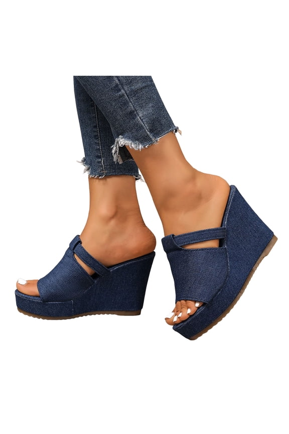 Denim Wedges Heels for Women Open Toe High Wedge Sandals Solid Color Slip on Slides Casual Summer Slippers Blue Size 8.5