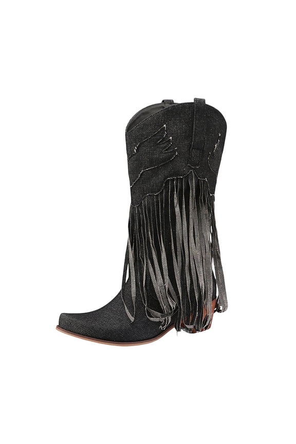 Denim Wide Calf Boots for Women Trendy Fringe Western Mid Calf Boots Square Toe Heeled Long Booties