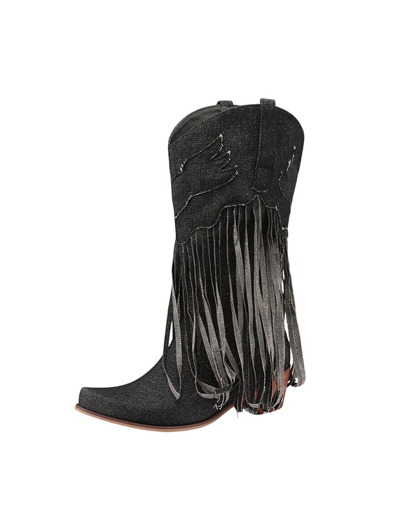 Denim Wide Calf Boots for Women Trendy Fringe Western Mid Calf Boots Square Toe Heeled Long Booties