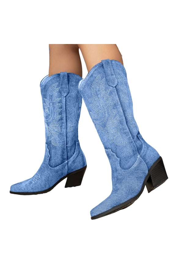 Denim Wide Calf Cowboy Boots for Women 2025 Casual Jeans Pointed Toe Spring Fall Winter Slip on Cowgirl Boots