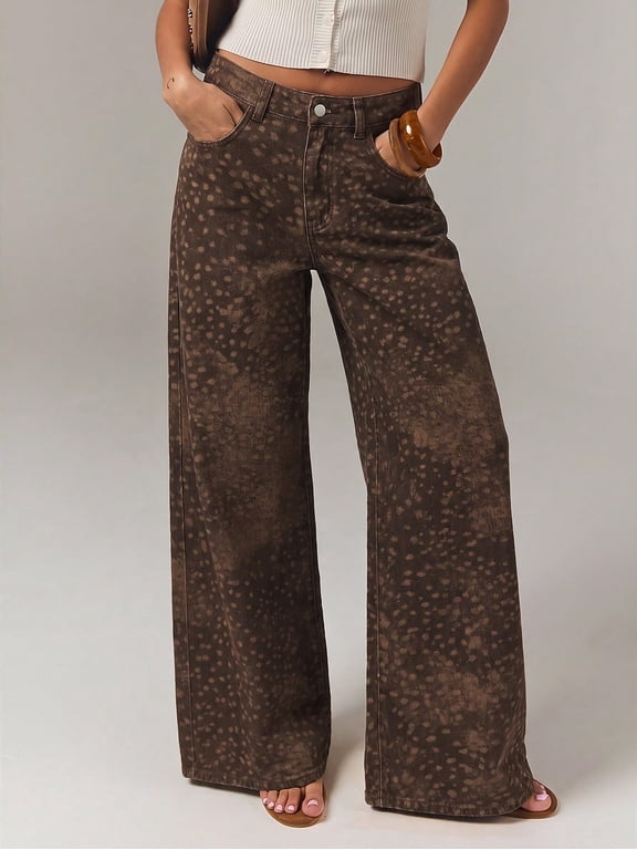Denim Women's Dark Brown All-Over Print Wide Leg Loose Casual Street Denim Jeans With Pockets,Autumn, Winter,Going Out Everyday, Streewear, Cool Girl