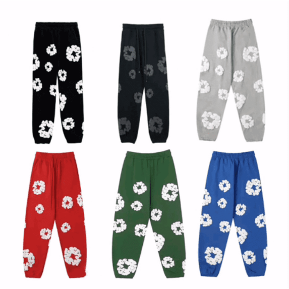 Denim Wreath Sweatpants Y2k Foaming Print Streewear Y2K Hip Hop Graphic Oversized Sweatshirt Kapok Print Sweatpants Cotton Wreath Sweatpant Foaming Print Streewear-Blue