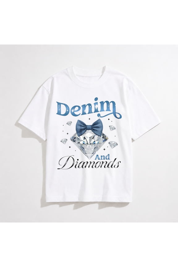 Denim and Diamonds Bow Ladies Girls Women T-Shirt