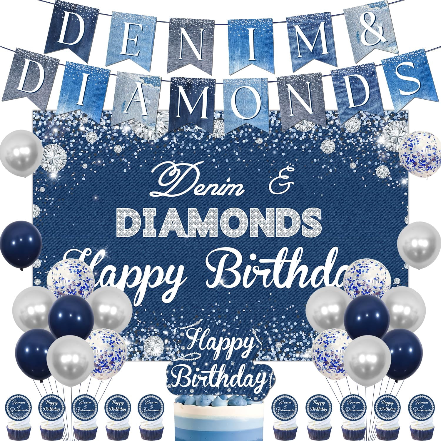 Denim and Diamonds Party Decor Set 14PCS Banner Backdrop Cake Topper ...