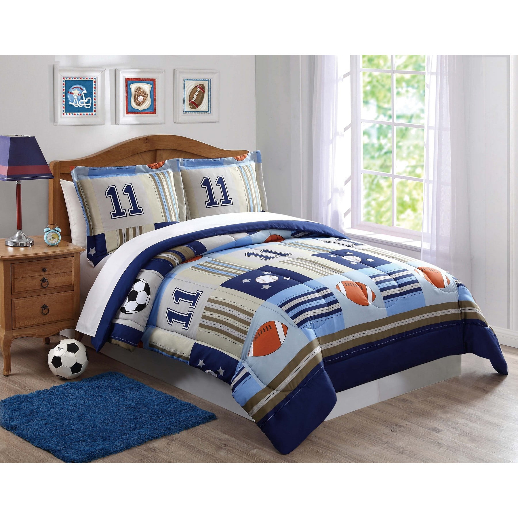 Blue and Beige Sports Theme Twin Microfiber Comforter Set