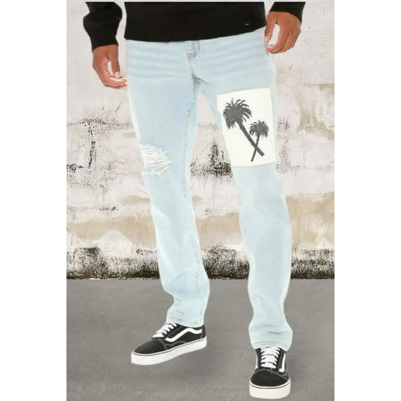 Denim blue palm tree patchwork jeans