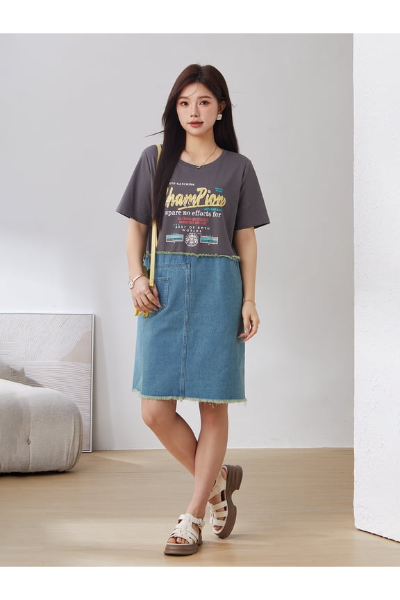 Denim temperament print dress