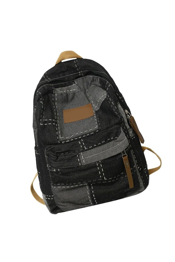 Denims Patched Backpack Book Bag Preppy Rucksack Large Capacity Casual Daypacks