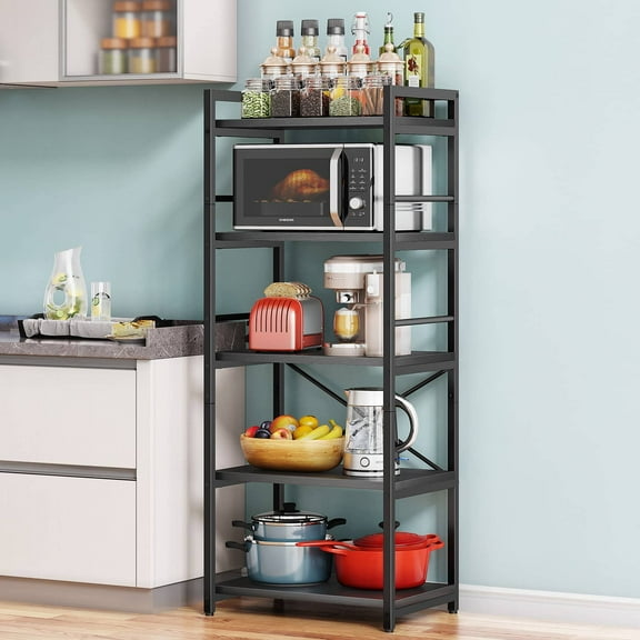 Denkee 5-Tier Bakers Rack for Kitchen with Storage, Industrial Microwave Stand Shelf, Coffee Bar for Small Spaces, Free Standing Kitchen Storage Shelf Rack, 23.7" L x 15.8" W x 60.3" H