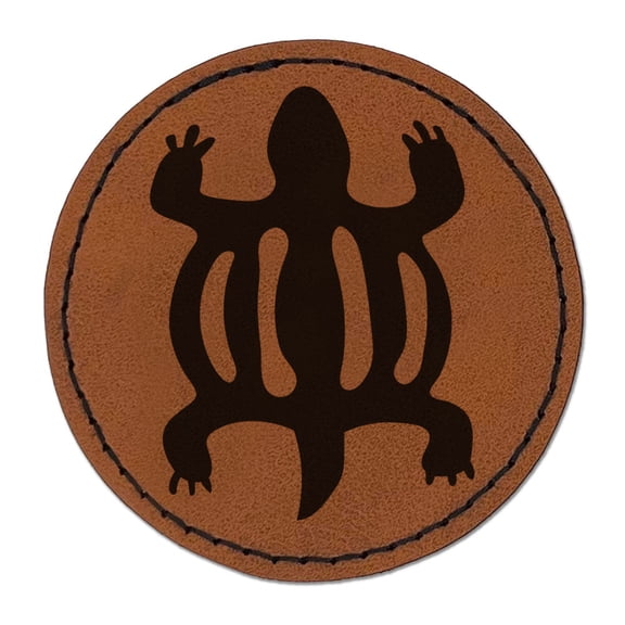 Denkyem Adinkra Crocodile Adaptability Cleverness African Round Iron-On Engraved Faux Leather Patch Applique - 2.5 Inch - Brown