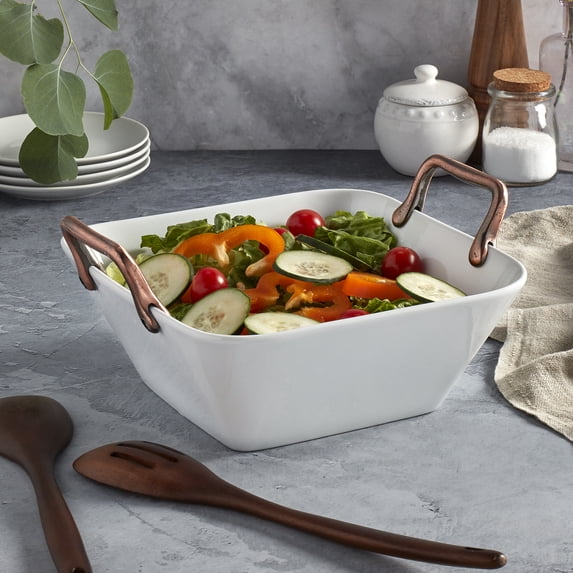 Denmark 11.25" Square White Porcelain Serving Dish with Copper Handles