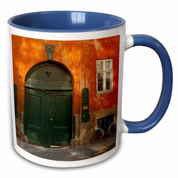 3drose, Denmark. Copenhagen. Colorful Building with Bikes Parked Outside., 11oz Two-tone Blue Mug