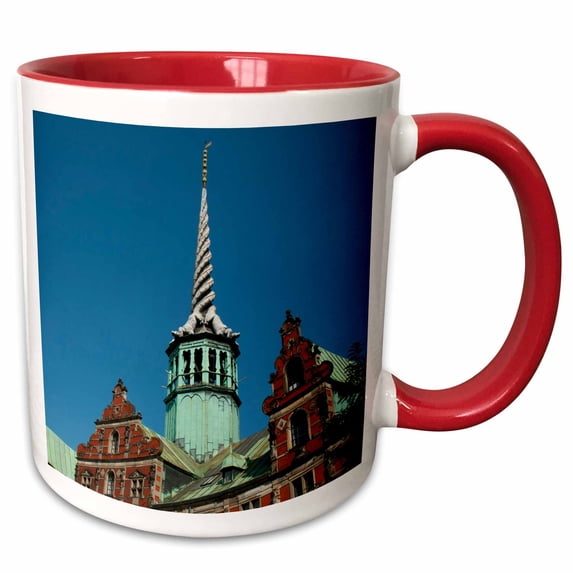 3drose, Denmark. Copenhagen. Slotsholmen. Borsen, the Old Stock Exchange., 11oz Two-tone Red Mug