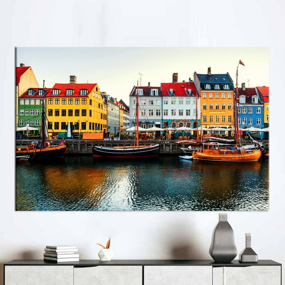 Denmark Nyhavn View, Canvas Printed Canvas, Wall Art, Large Canvas, Copenhagen Canvas Print, Copenhagen Landscape Poster, Cityscape Canvas, Canvas Wall Decor - Natural Framed