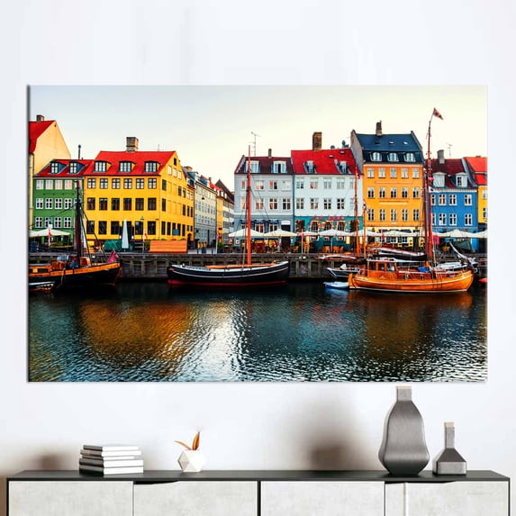Denmark Nyhavn View, Canvas Printed Canvas, Wall Art, Large Canvas, Copenhagen Canvas Print, Copenhagen Landscape Poster, Cityscape Canvas, Canvas Wall Decor - Black Framed