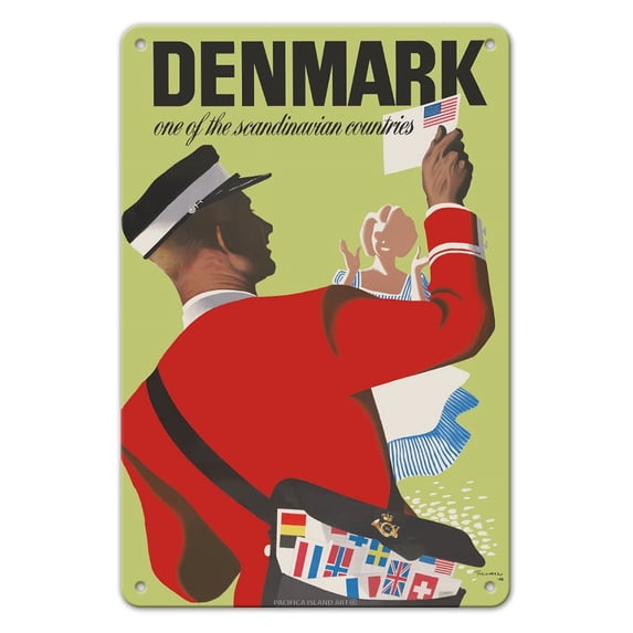 Denmark - One of the Scandinavian Countries - Danish Postman - Vintage Travel Poster by Henry Thelander c.1948 - 8 x 12 inch Vintage Metal Tin Sign