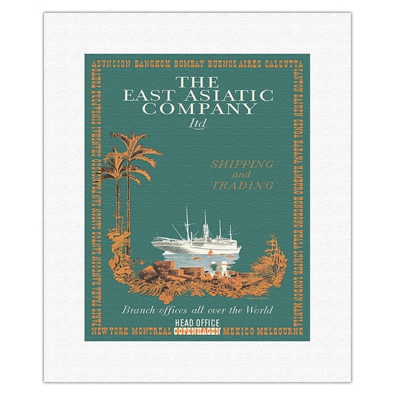 Denmark - Shipping and Trading Cruise Line - East Asiatic Company (EAC) - Vintage Ocean Liner Travel Poster by Valdemar Larsen c.1930s - Fine Art Rolled Canvas Print 11in x 14in