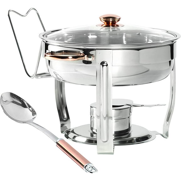 Denmark Tools for Cooks Celebrations Cookware Collection 8 Piece 4-Quart Stainless Steel Round Chafing Dish Set with Glass Lid for Entertaining & Catering