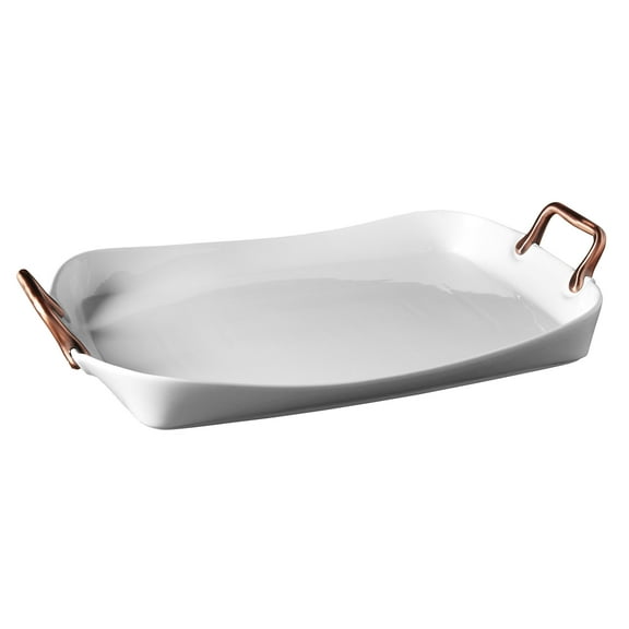 Denmark Tools for Cooks 19.5" Rectangular White Porcelain Serving Tray with Copper Handles