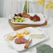 Denmark Tools for Cooks 2 Piece Stoneware Rectangular Serving Trays Platters Set with Handles, White