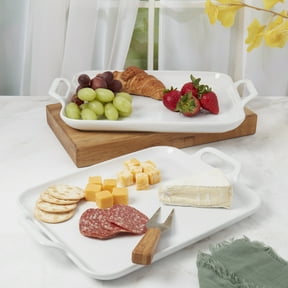 Denmark Tools for Cooks 2 Piece Stoneware Rectangular Serving Trays Platters Set with Handles, White