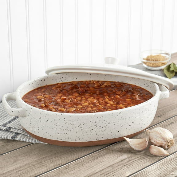 Denmark Tools for Cooks 3.2 Quart Speckled White Oval Casserole Pan Baking Dish with Lid and Handles