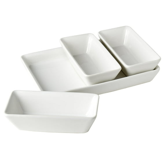 Denmark Tools for Cooks 4-Piece Ceramic Serving Set Platter Tray with Bowls Dips Appetizers, White