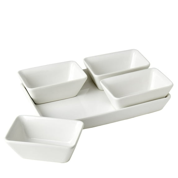 Denmark Tools for Cooks 5 Piece Ceramic Serving Set Platter Tray with Bowls Dips Appetizers, White