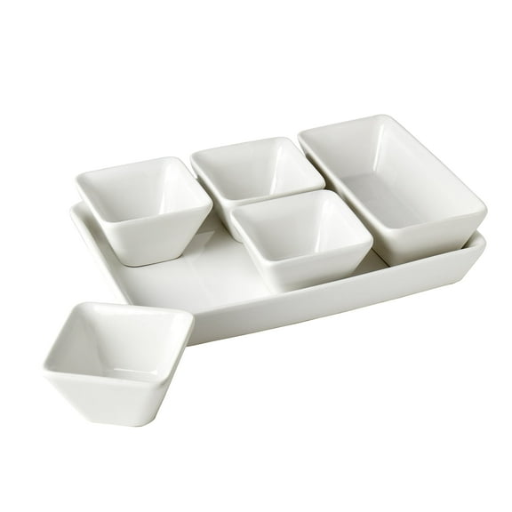 Denmark Tools for Cooks 6-Piece Ceramic Serving Set Platter Tray with Bowls Dips Appetizers, White