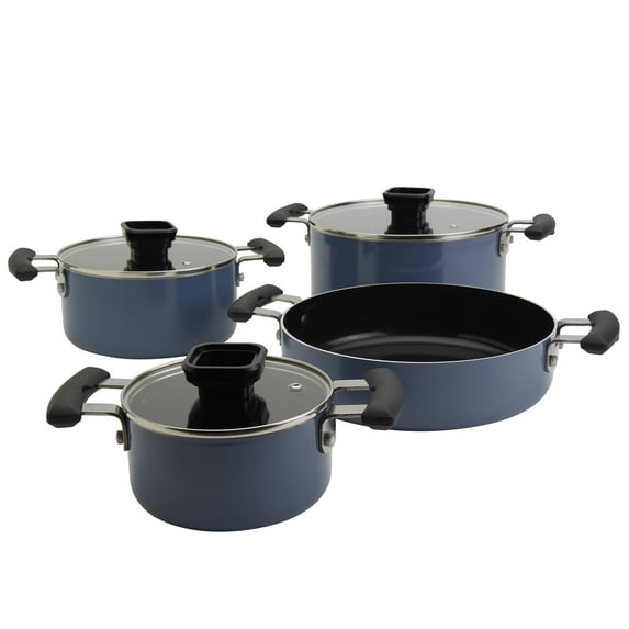 Denmark Tools for Cooks 7 Piece Ceramic Nonstick Aluminum Nesting Cookware Set Pots Pans, Blue