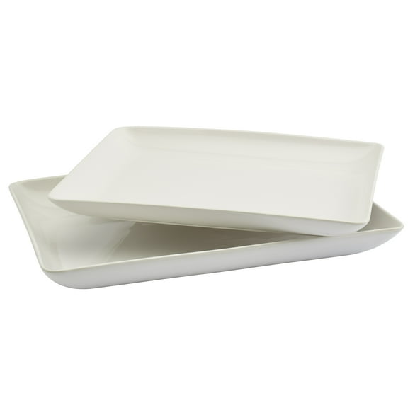 Denmark Tools for Cooks Blanc de Blanc Collection 2 Piece White Ceramic Rectangular Platters Set Entertaining - 17" and 15"