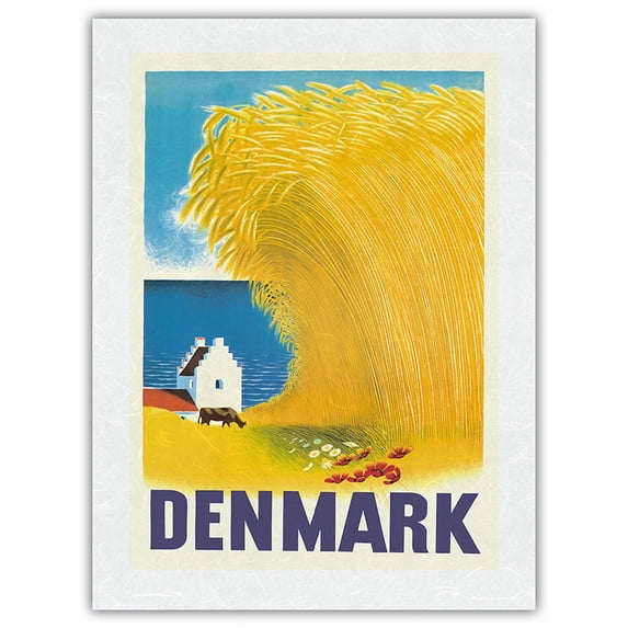 Denmark - Wheat Field and Danish Farm House - Vintage Travel Poster by Aage Rasmussen c.1946 - Japanese Unryu Rice Paper Art Print (Unframed) 18 x 24 in