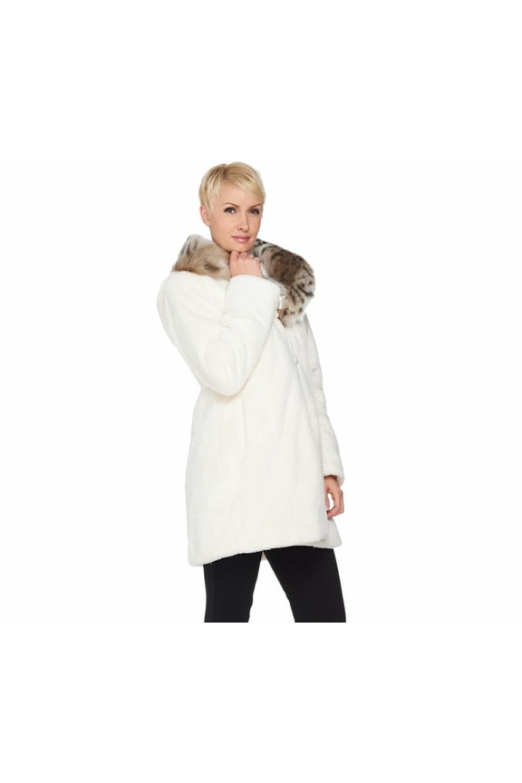 Faux Fur Coat w/ Removable Hood in Ivory Size 2X
