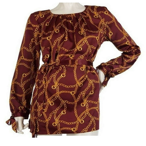 Dennis Basso Printed Charmeuse Tunic Self Belt Bordeaux, X-Small