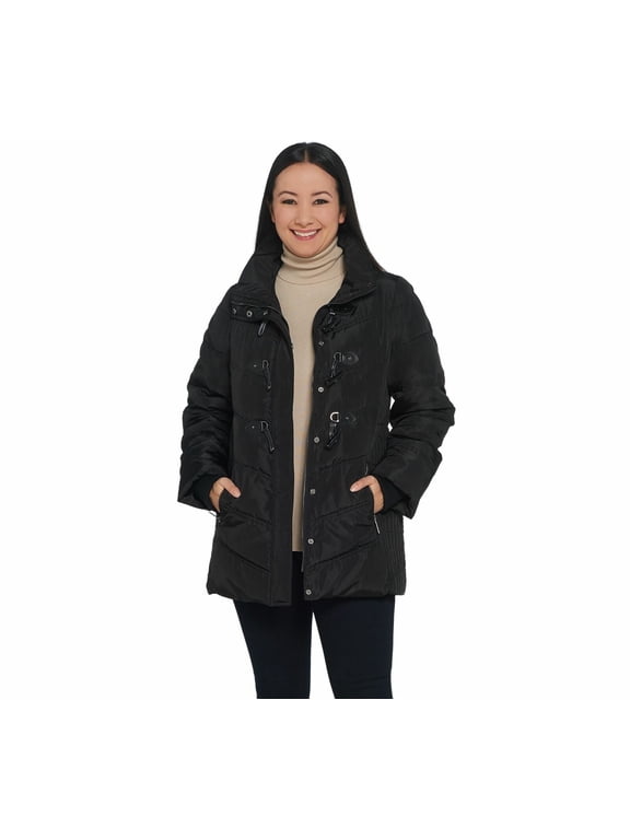 Water Resistant Quilted Toggle Jacket w/ Hood in Black Size 1X