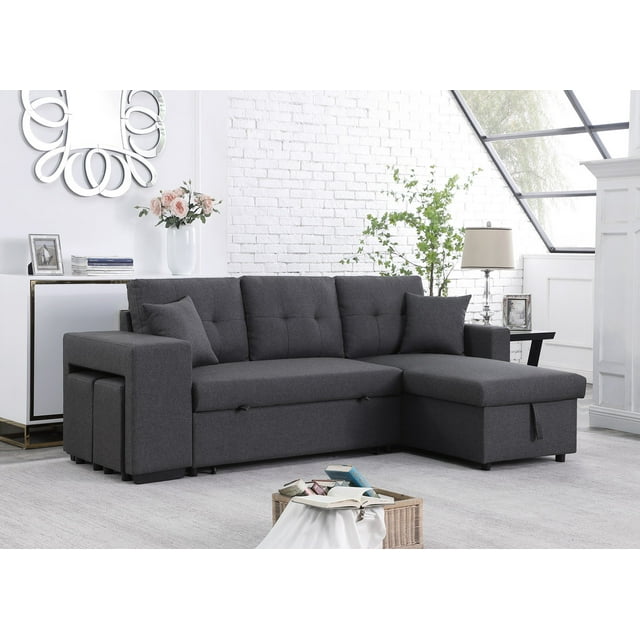 Dennis Dark Gray Linen Sofa Couch with Reversible Sleeper, Sectional ...