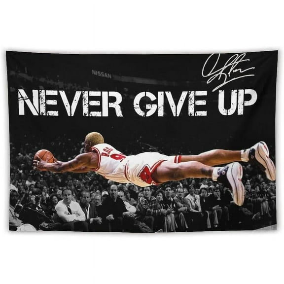 Dennis Keith Rodman Never Give Up Basketball Tapestry Basketball Flags For Room Wall Hanging Art Decorative Teen Boys Bedroom College Dorm Decor Party Backdrop Gifts