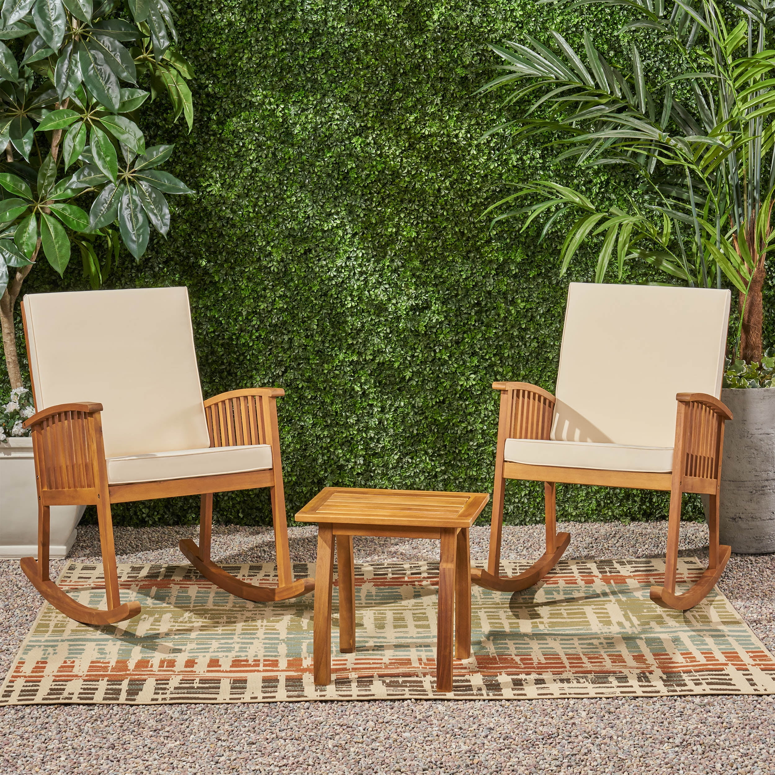 Dennis Outdoor 2 Seater Acacia Wood Rocking Chairs and Side Table Set
