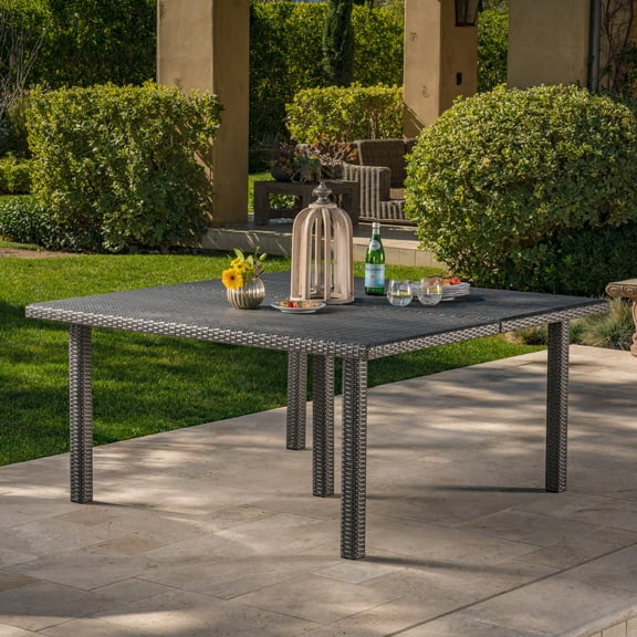 Dennis Outdoor 64 Inch Wicker Square Dining Table, Grey