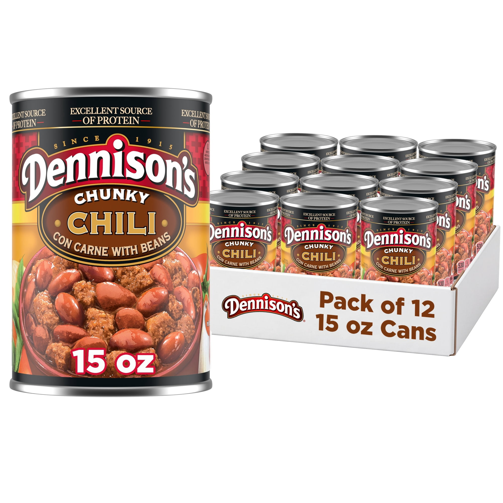 (12 pack) Dennison's Chunky Chili Con Carne with Beans, 26g Protein Per Serving, 15 oz. Can