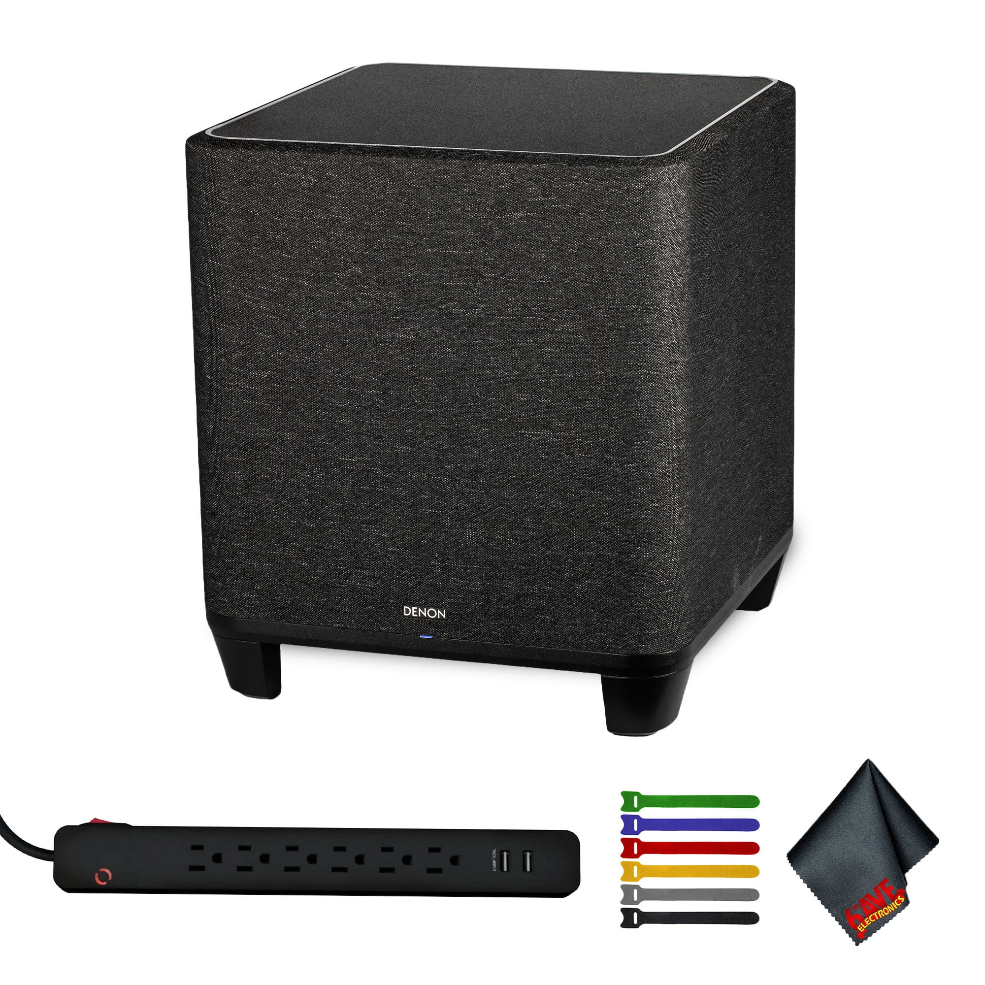 Denon 8" Wireless Home Subwoofer Bundle Including: Surge Protector, Cable Ties, Fiber Cloth, More Accessories