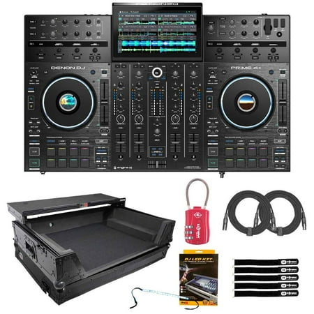 Denon DJ PRIME 4+ 4-Deck Standalone DJ Controller with Black Flight Case & LED Strip Light Kit Package