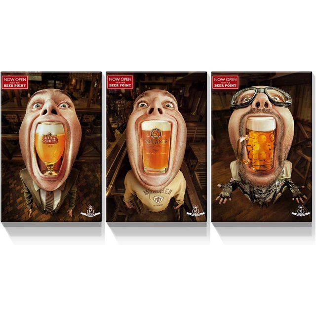 Denozer 3 Panel Canvas Wall Art Beer Glass in The Mouth Pictures