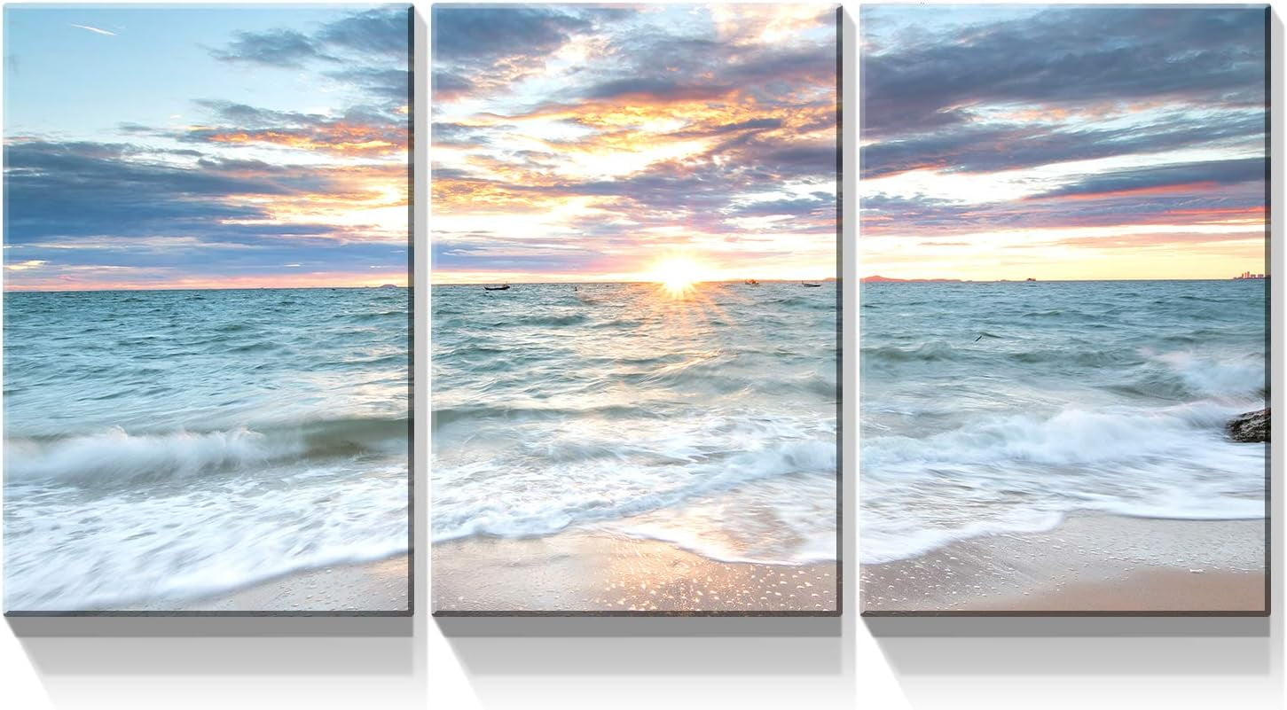 Denozer 3 Panel Ocean Canvas Wall Art for Home Decor Blue Sea Sunset