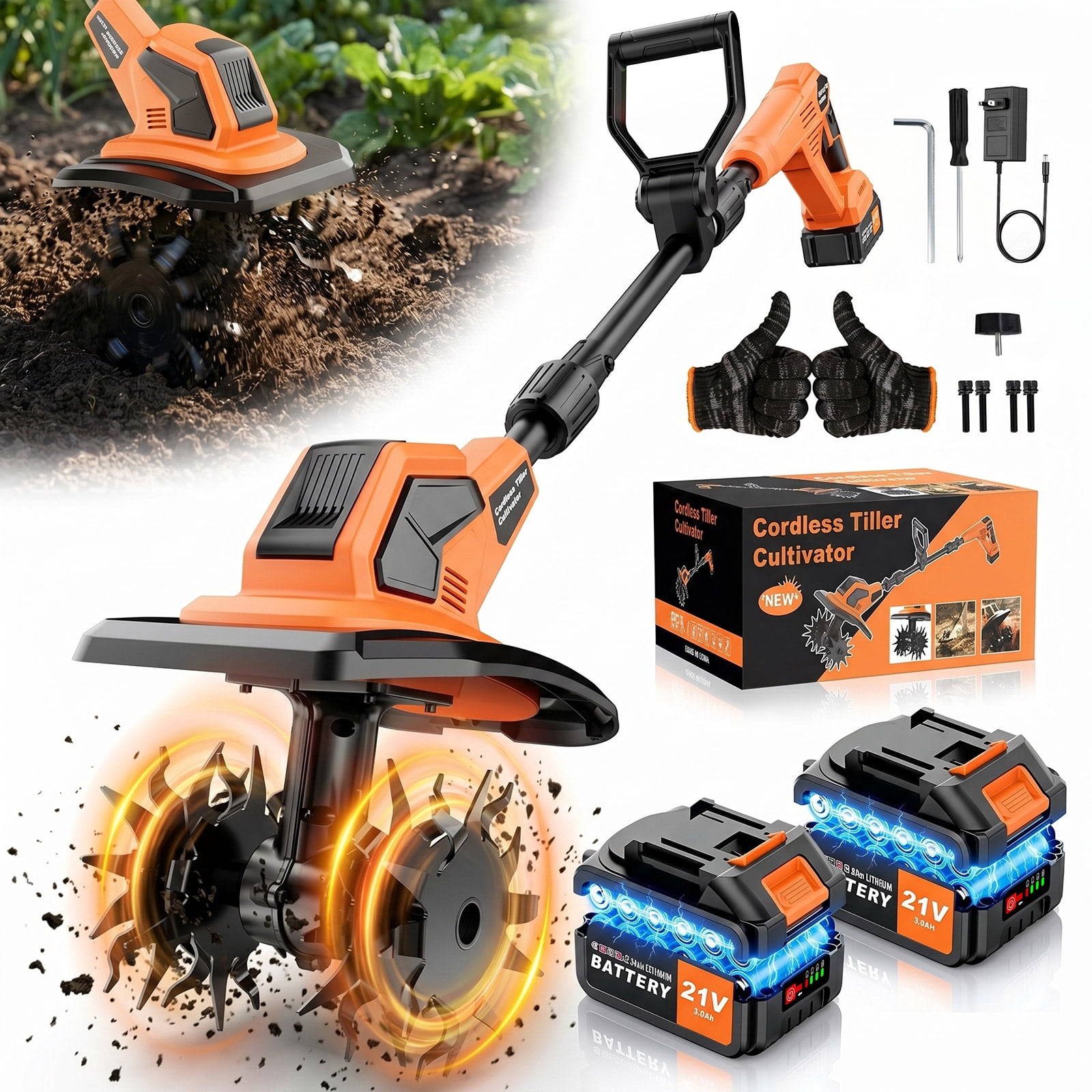 Tanbaby Electric Tiller Cultivator, Garden Rototiller with 2x4.0AH Battery, 21V 550W Brushless Motor, 9-inch Width, 6.7-inch Depth, 4 Steel Blades Garden Tiller for Soil Cultivation
